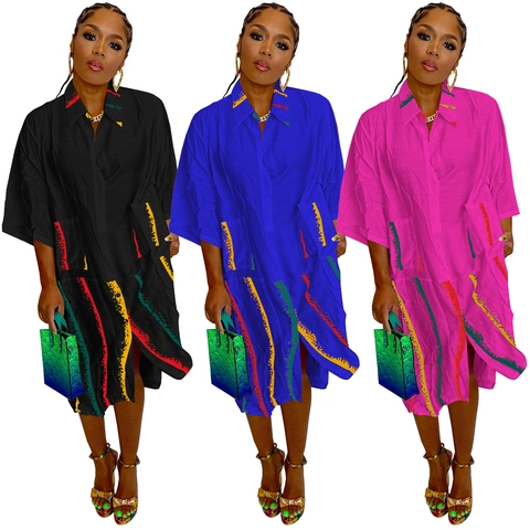 Women Casual Oversized Shirt Dress Lapel Button Down Maxi Dress With Pockets Artistic Vertical Striped Print Bohemian Vacation