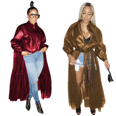 Women Sexy Faux Leather Mesh Splicing Long Jacket Asymmetrical Zipper Lapel Outerwear Streetwear For Autumn Winter Party