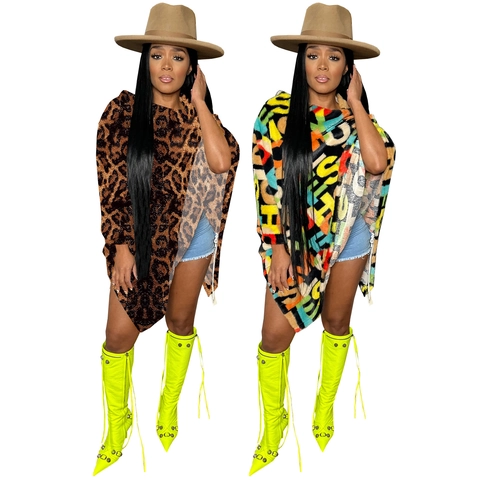 Dames Luipaard Letter Print Poncho Top Imitatiebont Oversized Onregelmatige Zoom Streetwear Losse Mouwloze Pullover Cape Jas