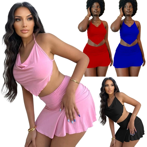 Γυναικείο Σέξι Σύνολο Halter Top και Σουρωτή Μίνι Φούστα Εξώπλατο Μονόχρωμο Καλοκαιρινό Πάρτι Clubwear Outfits