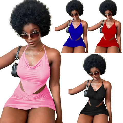 Γυναικείο Σέξι Σύνολο Halter Top και Σουρωτή Μίνι Φούστα Εξώπλατο Μονόχρωμο Καλοκαιρινό Πάρτι Clubwear Outfits