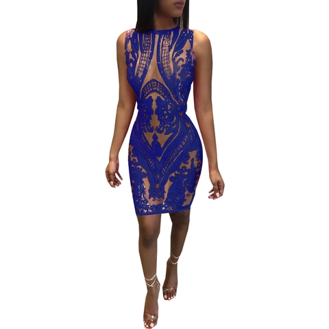 Women Sexy Sequin Mesh Patchwork Sleeveless Bodycon Mini Dress Baroque Pattern Crew Neck Nightclub Party Banquet Formal Dress