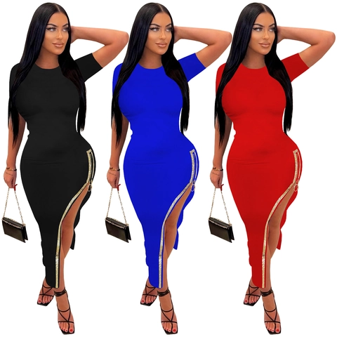 Sexy Women's Bodycon Maxi Dress Round Neck Short Sleeve Side Slit Gold Rhinestone Zipper Trim Solid Color Evening Party Dress