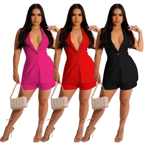 Conjunto de Dos Piezas para Mujer Chaleco Largo Sin Mangas Con Solapa y Pantalones Cortos Color Sólido Poliéster Moda
