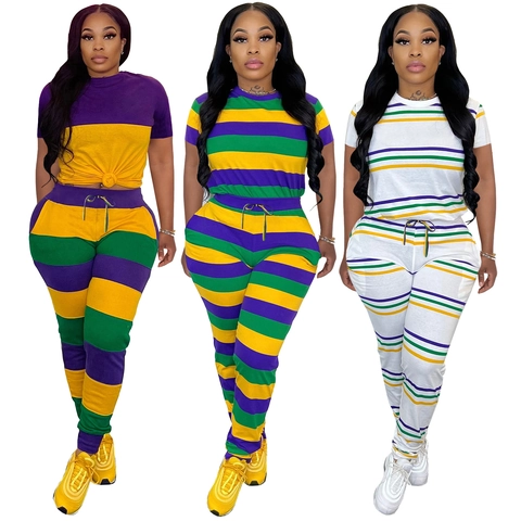 Dames Gestreept Tweedelig Bovenstuk En Broek Pak Contrastkleur Korte Mouw T-Shirt Trekkoord Lange Broek Casual Outfit