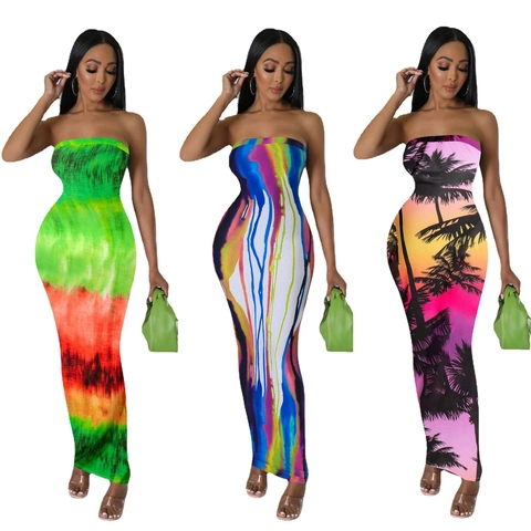 Damen Sexy Digitaldruck Schlauchtop Maxikleid Slim Fit Abstrakt Sonnenuntergang Palme Bedruckt Trägerloses Nachtclub Partykleid