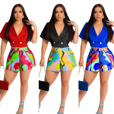 Dames Casual Double Breasted Korte Mouw Crop Blazer En Abstract Bedrukte Shorts Tweeledige Set Zomer Polyester Outfits