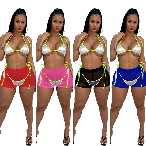 Women Metallic Sequin Halter Bikini Top And Inner Bottom And Outer Mesh Shorts Neon Tie Beachwear Vacation Swimsuit
