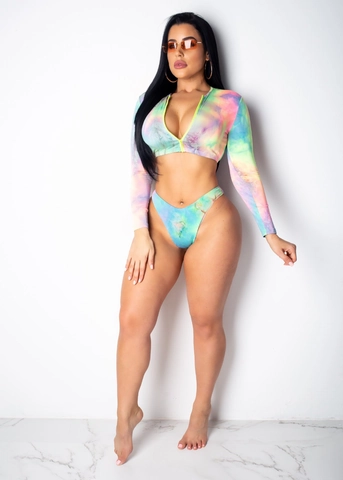 Women Sexy Tie Dye Two Piece Swimsuit Set Long Sleeve Zipper Cropped Top High Cut Bikini Bottom Vibrant Beachwear Bathing Suit