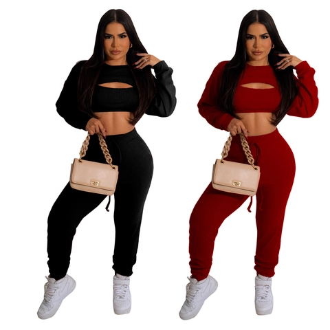 Damen Casual Rippstrick Dreiteilige Outfits Ausschnitt Crop Langarm Top Tank Top Und High Waist Kordelzug Hose Set