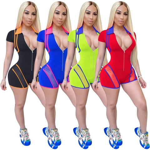 Pagliaccetto Donna Sexy in Patchwork di Rete con Cerniera Manica Corta Tuta Blocchi di Colore Aderente Clubwear Sportiva