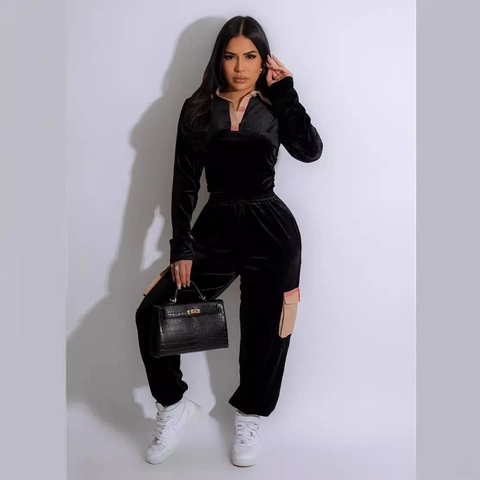Damen Herbst Winter Gold Samt Karomuster Patchwork Zweiteiler Schlankes Langarm Oberteil Und Cargo Jogger Hose Casual Trainingsanzug