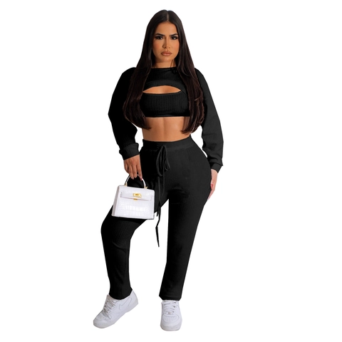Damen Casual Rippstrick Dreiteilige Outfits Ausschnitt Crop Langarm Top Tank Top Und High Waist Kordelzug Hose Set