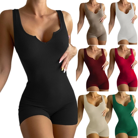 Women's Casual Ribbed Knit V Neck Sleeveless Romper Bodysuit Solid Color Slim Fit Short Jumpsuit Polyester Summer Fashion Streetwear