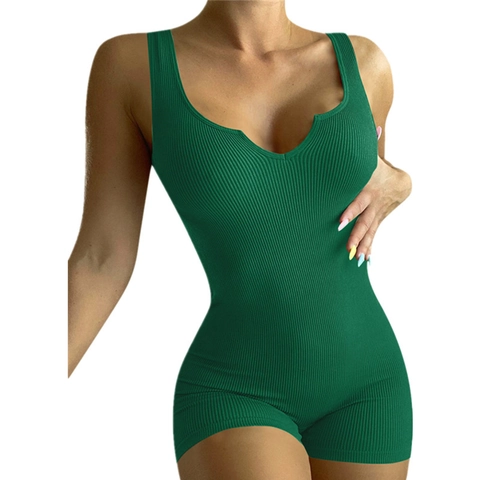 Women's Casual Ribbed Knit V Neck Sleeveless Romper Bodysuit Solid Color Slim Fit Short Jumpsuit Polyester Summer Fashion Streetwear