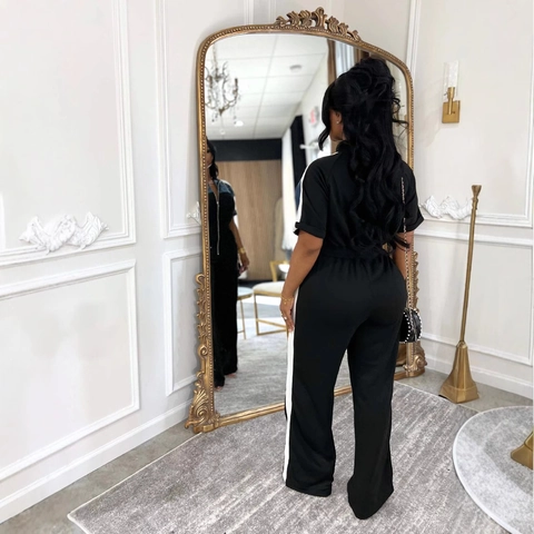 Dames Kleurblok Jumpsuit Opstaande Kraag Rits Voorzijde Korte Mouw Hoge Taille Wijde Pijpen Lange Broek Casual Sportieve Outfit