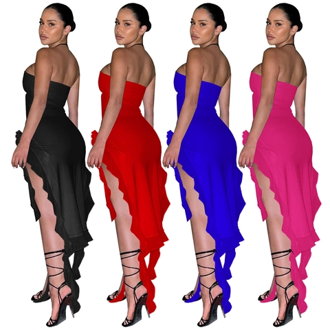Damen Sexy Trägerloses Maxikleid Mit Rüschen Und Hohem Schlitz Slim Fit Einfarbig Schulterfreies Abendparty Club Bodycon Kleid