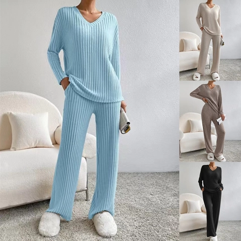 Women Casual V Neck Long Sleeve Ribbed Knit Top And Straight Pants Two Piece Set Loose Solid Color Elegant Loungewear