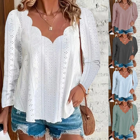 Top de Manga Larga para Mujer con Cuello de Ondas y Jacquard Calado Color Sólido Casual Transpirable Poliéster