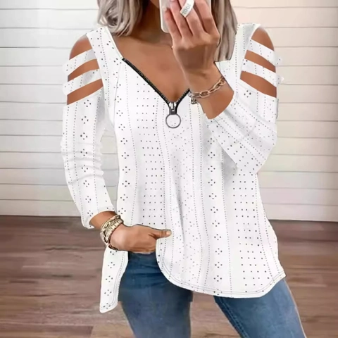 Top Sexy con Hombros Descubiertos para Mujer Manga Larga Poliéster Cuello en V Cremallera Camiseta Calada Casual Otoño