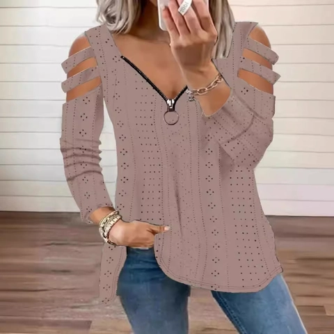 Top Sexy con Hombros Descubiertos para Mujer Manga Larga Poliéster Cuello en V Cremallera Camiseta Calada Casual Otoño