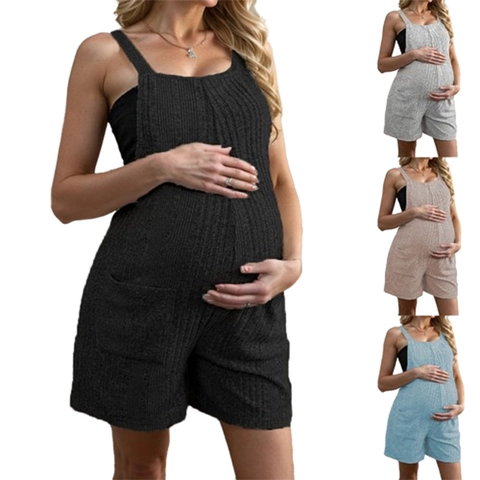 Maternity Ribbed Suspender Jumpsuit Shorts For Women Solid Color Casual Loose Overall Romper With Pockets Summer Pregnancy Clothing