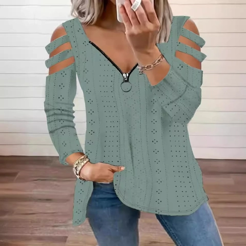Maglietta da Donna con Scollo a V e Cerniera Casual Spalle Scoperte Top a Maniche Lunghe Traforato Tinta Unita in Poliestere Streetwear