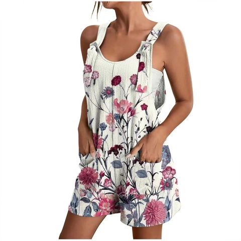 Women Casual Polyester V Neck Sleeveless Floral Printed Romper With Pockets Summer Beach Vacation Loose Fit Jumpsuit