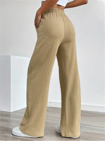 Dames Wafelstructuur Wijde Pijpen Broek Elastische Taille Trekkoord Casual Losse Broek Effen Kleur Rechte Broek Zak
