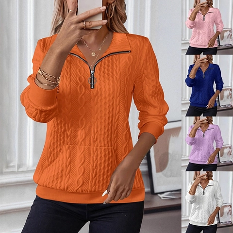 Felpa da Donna Casual con Cerniera a Quarto e Trecce Manica Lunga Tasca Pullover Largo Risvolto Top Autunno Inverno