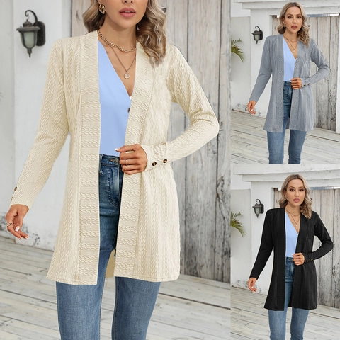Chaqueta de Punto Casual para Mujer Color Sólido Texturizada Puño con Botón Manga Larga Largo Medio Frente Abierto Abrigo