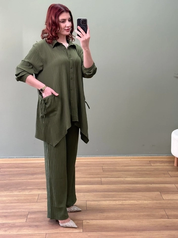 Damen Langarmhemd Und Weite Hose Set Plissee Unregelmäßiger Saum Button Down Lässig Locker Einfarbig Loungewear Outfit