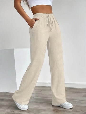Dames Wafelstructuur Wijde Pijpen Broek Elastische Taille Trekkoord Casual Losse Broek Effen Kleur Rechte Broek Zak