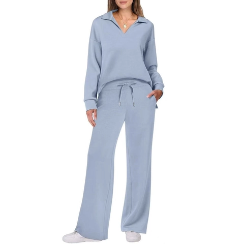 Women Casual Long Sleeve Lapel V-Neck Top And Drawstring Wide Leg Pants Two Piece Set Solid Color Commute Outfits Sets