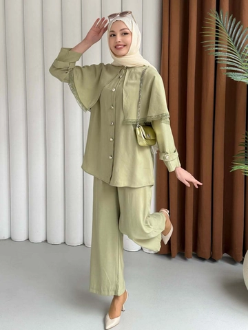 Set Top E Pantaloni Da Donna Moda Modesta Camicia A Maniche Lunghe Con Design A Mantella In Pizzo E Pantaloni A Gamba Larga