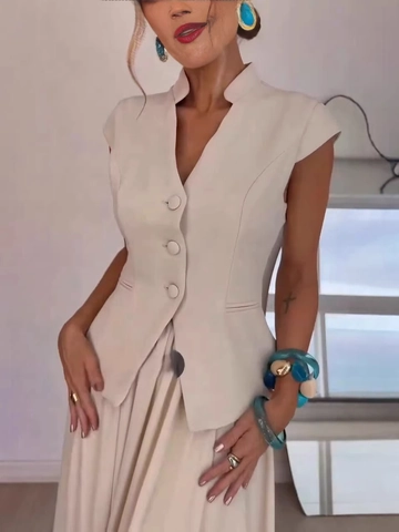 Elegante Conjunto De Dos Piezas De Chaleco Blanco Marfil Y Falda Larga Plisada Cuello Mao Botonadura Sencilla Mujer
