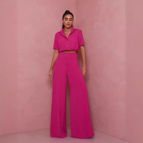 Completo Donna Due Pezzi Casual Camicia Cropped Manica Corta Con Revers E Pantaloni A Gamba Larga Vita Alta Tinta Unita