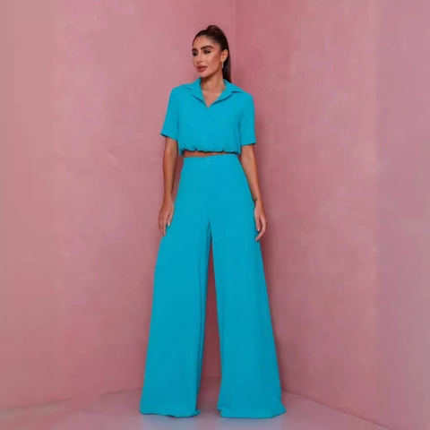 Completo Donna Due Pezzi Casual Camicia Cropped Manica Corta Con Revers E Pantaloni A Gamba Larga Vita Alta Tinta Unita