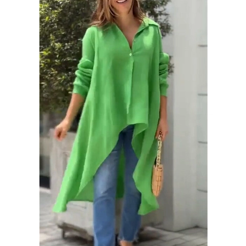 Women Casual Loose High Low Hem Shirt Long Sleeve Turn Down Collar Solid Blouse Asymmetric Elegant Commuter Tops