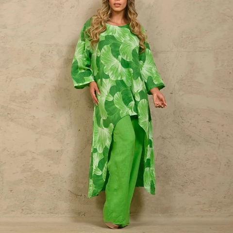 Damen Casual Bedrucktes Zweiteiler-Set Irreguläres Langarm-Oberteil Und Weite Hose Übergröße Lockeres Bequemes Sommer-Outfit