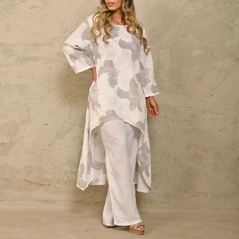 Damen Casual Bedrucktes Zweiteiler-Set Irreguläres Langarm-Oberteil Und Weite Hose Übergröße Lockeres Bequemes Sommer-Outfit