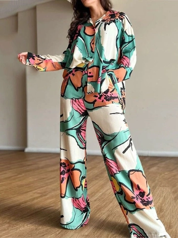 Damen Abstrakt Floral Druck Langarm Hemd Und Hohe Taille Weite Hose Casual Urlaub Outfit
