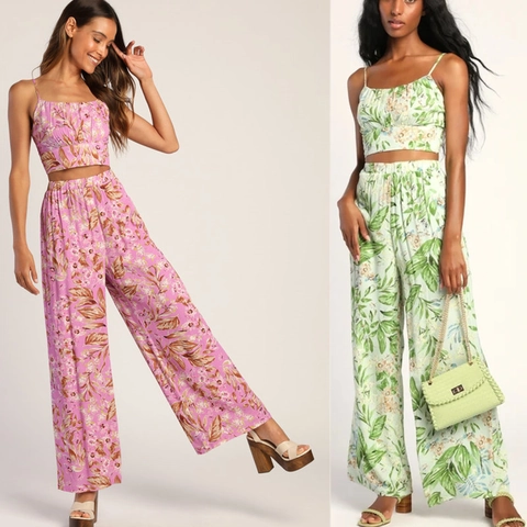 Dames Sexy Floral Cami Crop Top En Hoge Taille Wijde Pijpen Broek Botanische Print Rugloos Vakantie Outfit Top En Broek