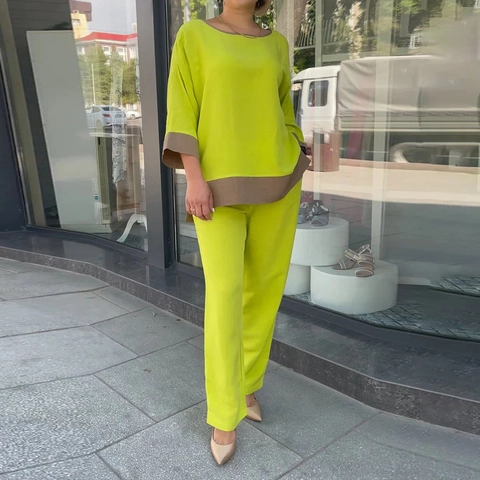 Completo Casual da Donna 2 Pezzi Top Girocollo Verde Lime con Bordi Marroni a Contrasto Pantaloni a Sigaretta Set Lounge Taglie Forti