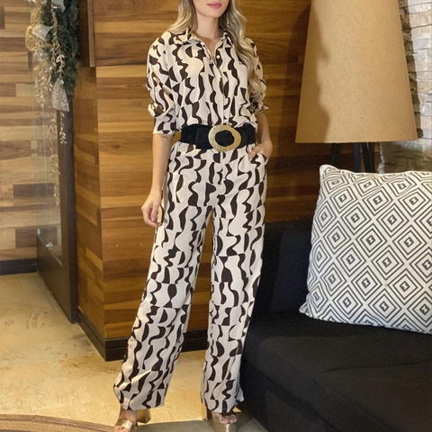 Damen Abstrakt Geometrischer Druck Revers Langarm Hemd Und Hohe Taille Gerade Hose Mode Outfits Casual Täglich Anzug