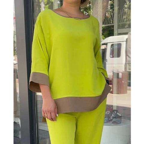 Completo Casual da Donna 2 Pezzi Top Girocollo Verde Lime con Bordi Marroni a Contrasto Pantaloni a Sigaretta Set Lounge Taglie Forti