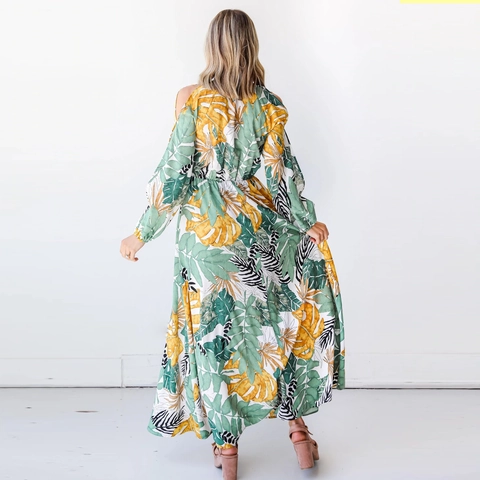Damen Sexy V-Ausschnitt Tropischer Blatt Druck Maxi Romper Kleid Schulterfrei Langarm Böhmisch Strand Urlaub Jumpsuit Kleid Overlay