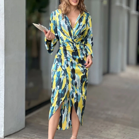Women's Elegant Abstract Art Print Midi Dress V-Neck Long Sleeve Irregular Slit Hem Slim Fit Wrap Dress Casual Fashion Outfit