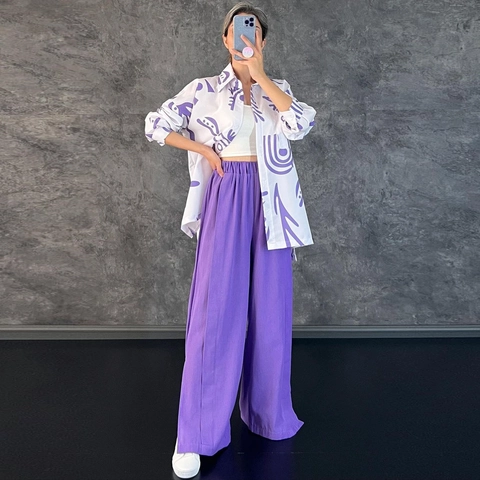 Camicia a Maniche Lunghe Casual da Donna con Stampa Floreale e Pantaloni a Gamba Larga con Spacco a Vita Alta Top e Pantaloni