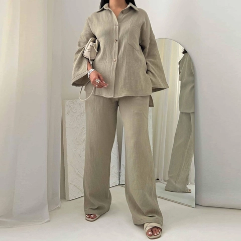 Dames Casual Tweedelige Set Crinkle Lange Mouwen Overhemd Wijde Pijpen Broek Hoge Taille Effen Kleur Co-ord Set